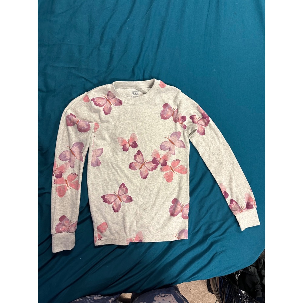 Carters Girls Long Sleeve Butterfly Print Pajama Top Size 10 Gray Pink